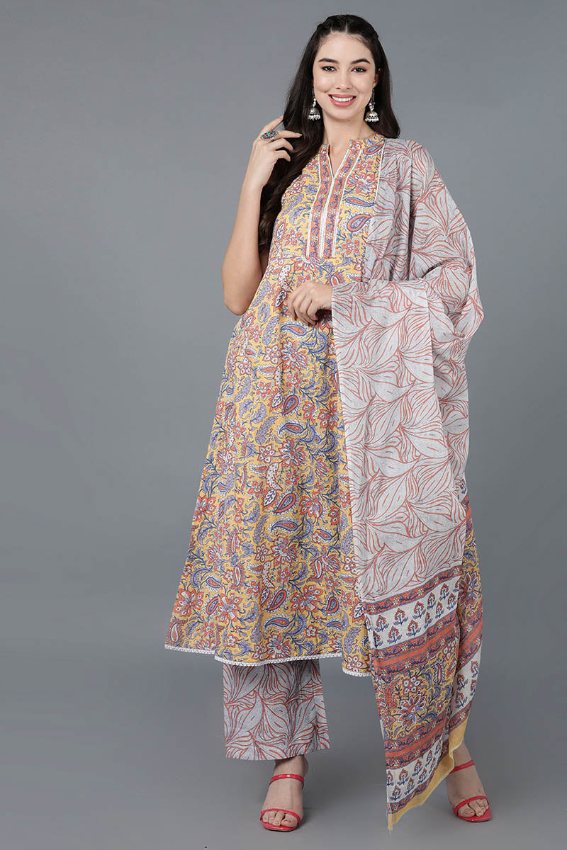 Yellow Cotton Flared Kurta Palazzo With Dupatta VKSKD1461