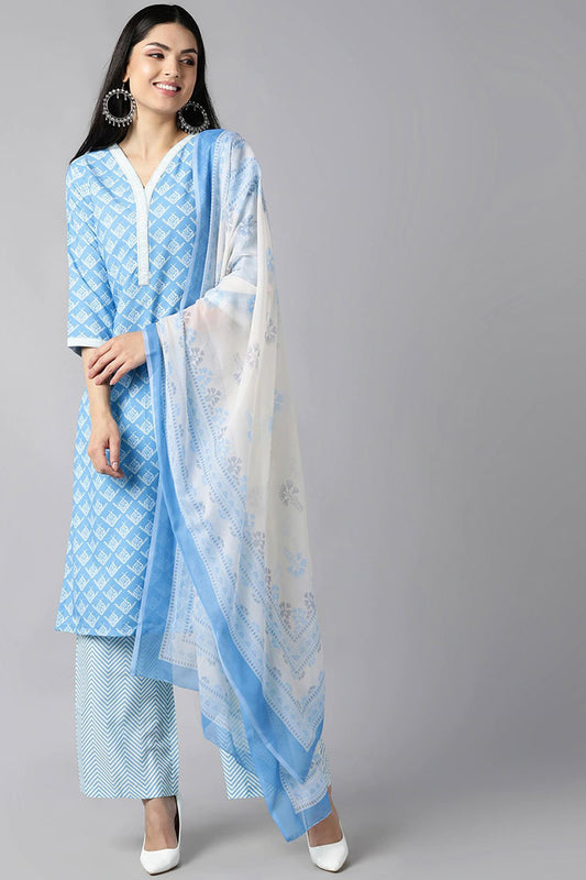 AHIKA Women Blue White Floral Printed Regular Kurta with Trousers Dupatta Set