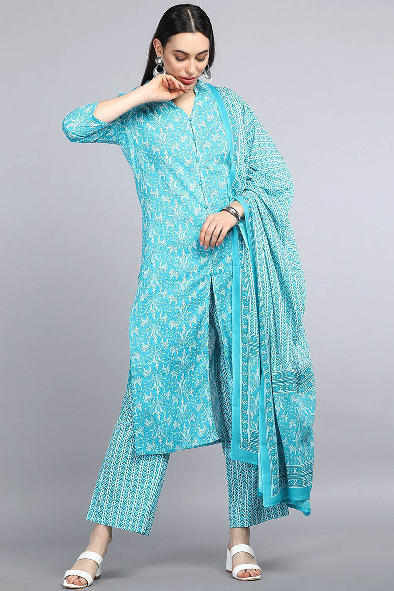 Ahika Women Turquoise Blue Ethnic Motifs Printed Pure Cotton Kurta