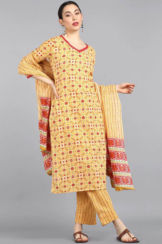 AHIKA Women Yellow Pink Ethnic Motifs Printed Pure Cotton Kurta With Trousers Dupatta Set