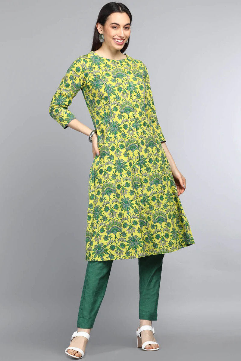 Women Cotton Printed Simple Function Wear Green Kurti VCK1528