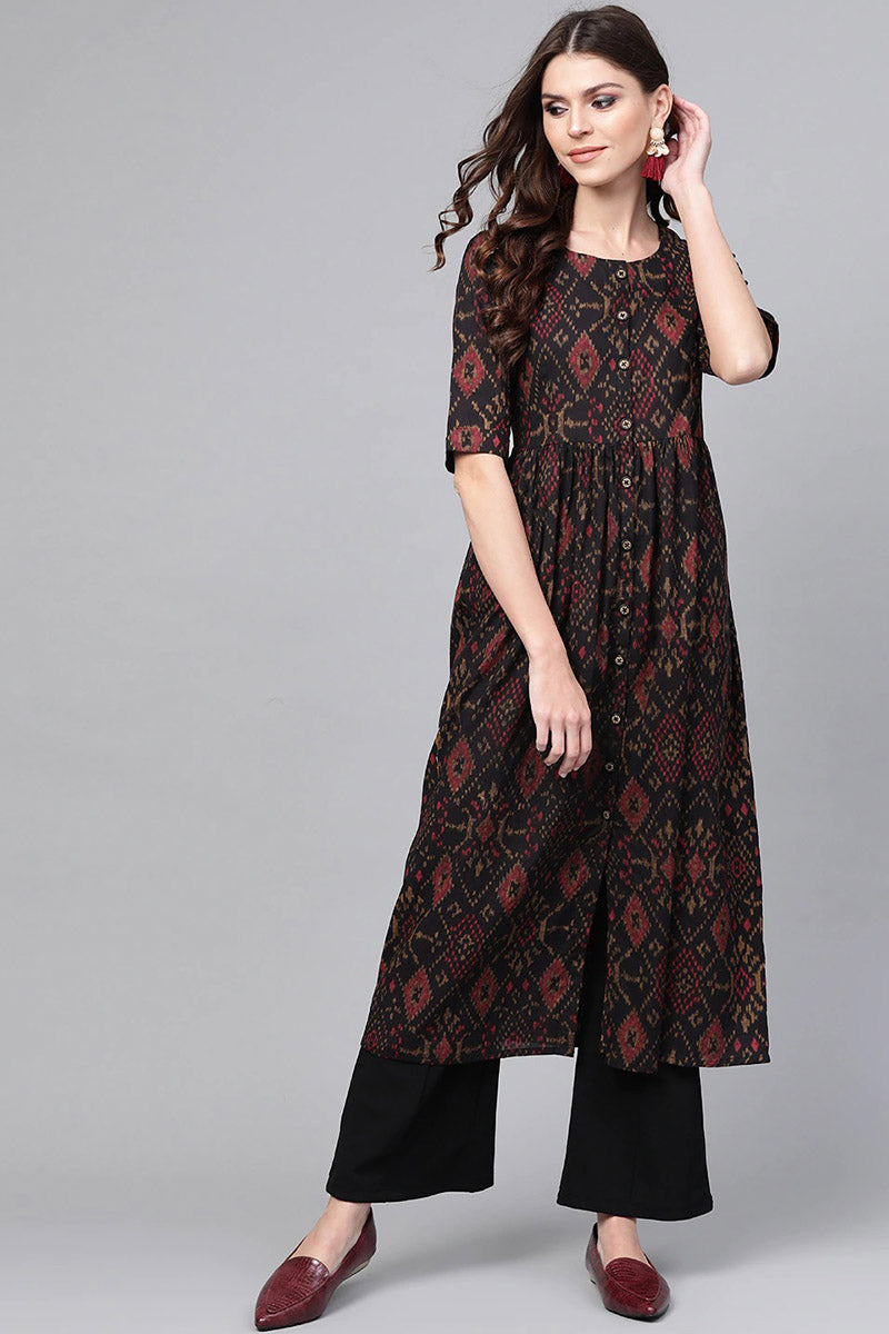 Black & Maroon Color Rayon Blend fabric Printed A-Line Kurta VCK1371