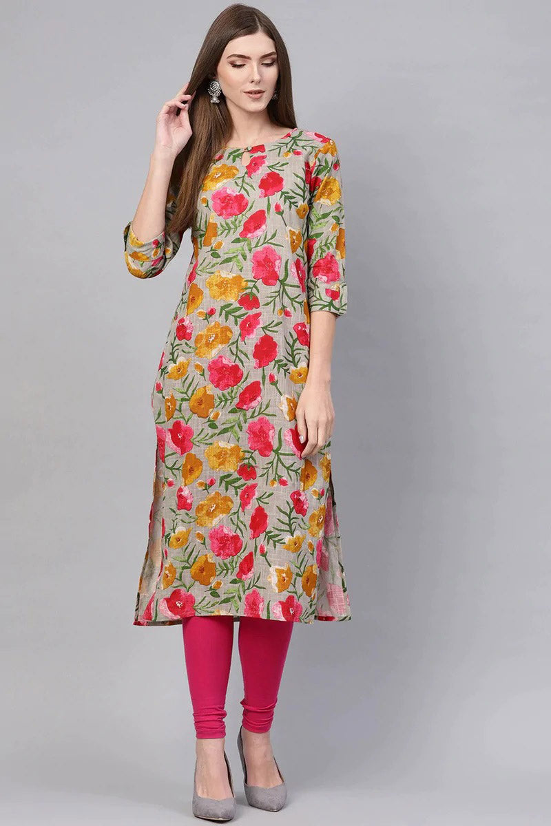 Printed Grey Rayon Blend Fabric Kurti VCK1131