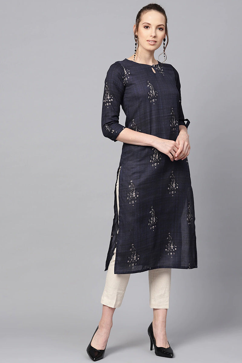 Women Rayon Blend Navy Blue and Off-White color Printed Straight Kurta VCK1251