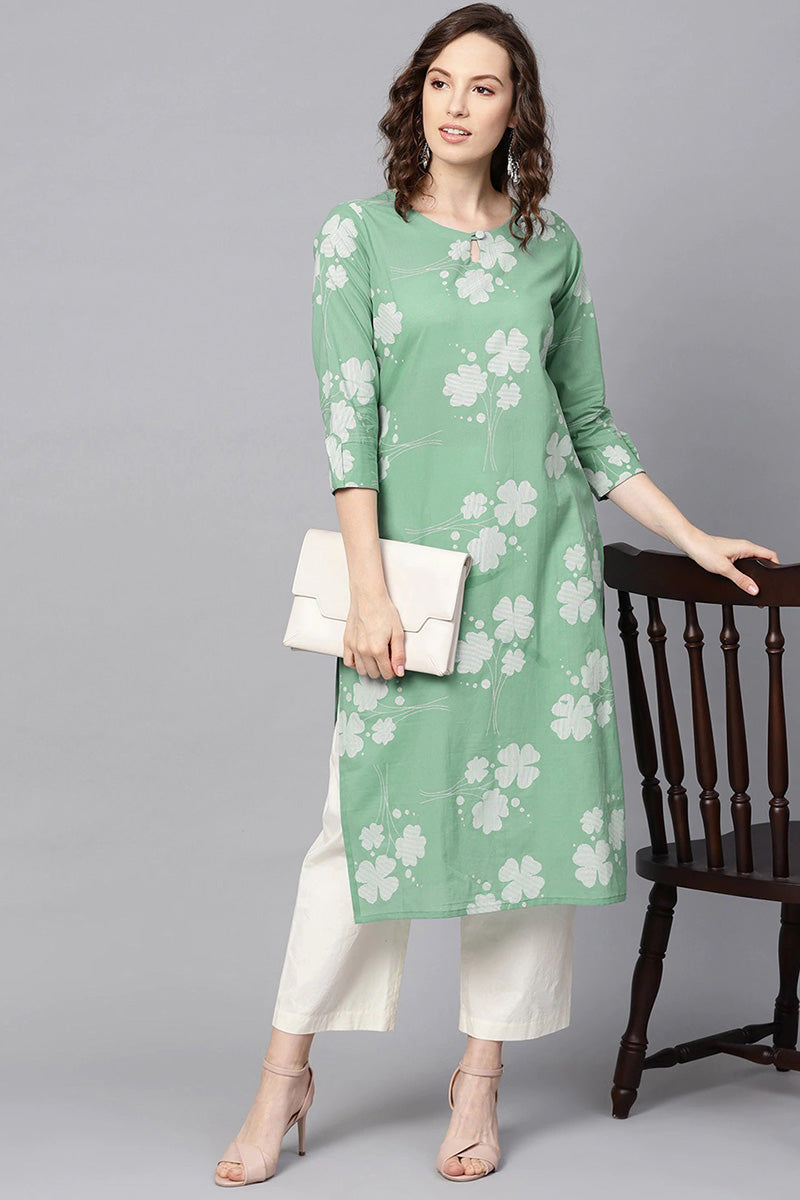Women Cotton Green Floral Printed Straight Kurta VCK1269G