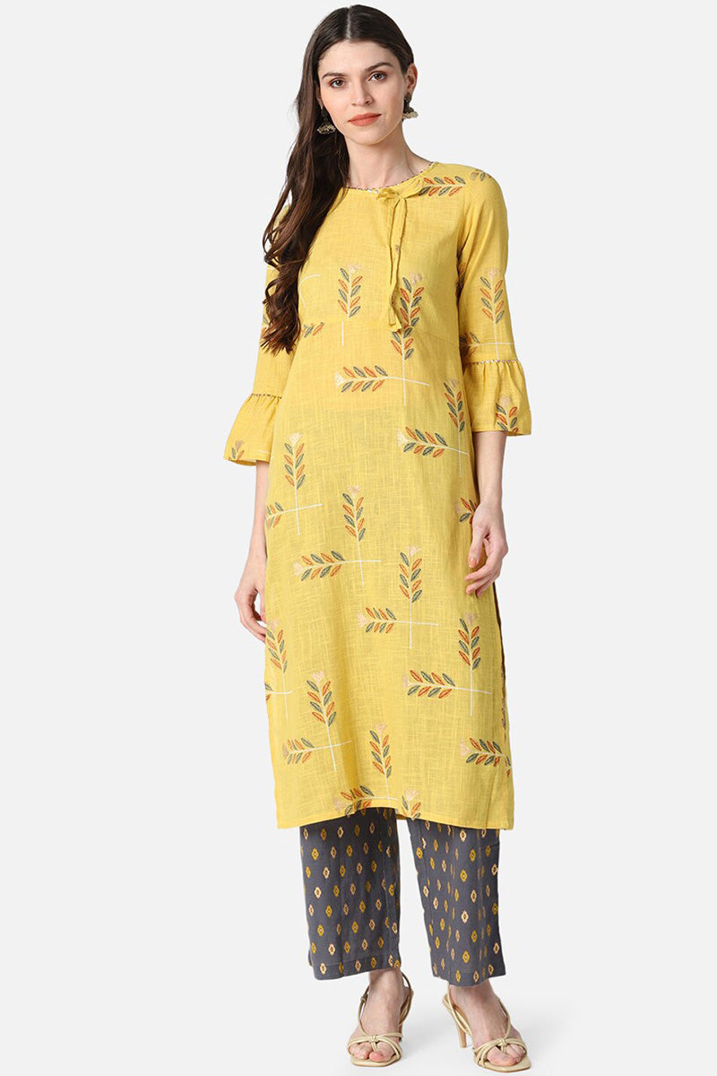Ahika Women Regular Wear Fabric Printed Light Yellow Kurta Palazzo Set