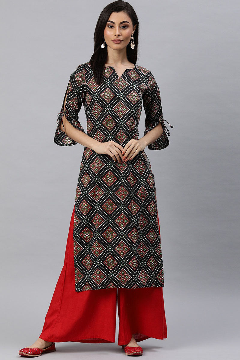 Ahika Women Black And Brown Bandhani Printed Straight Kurta