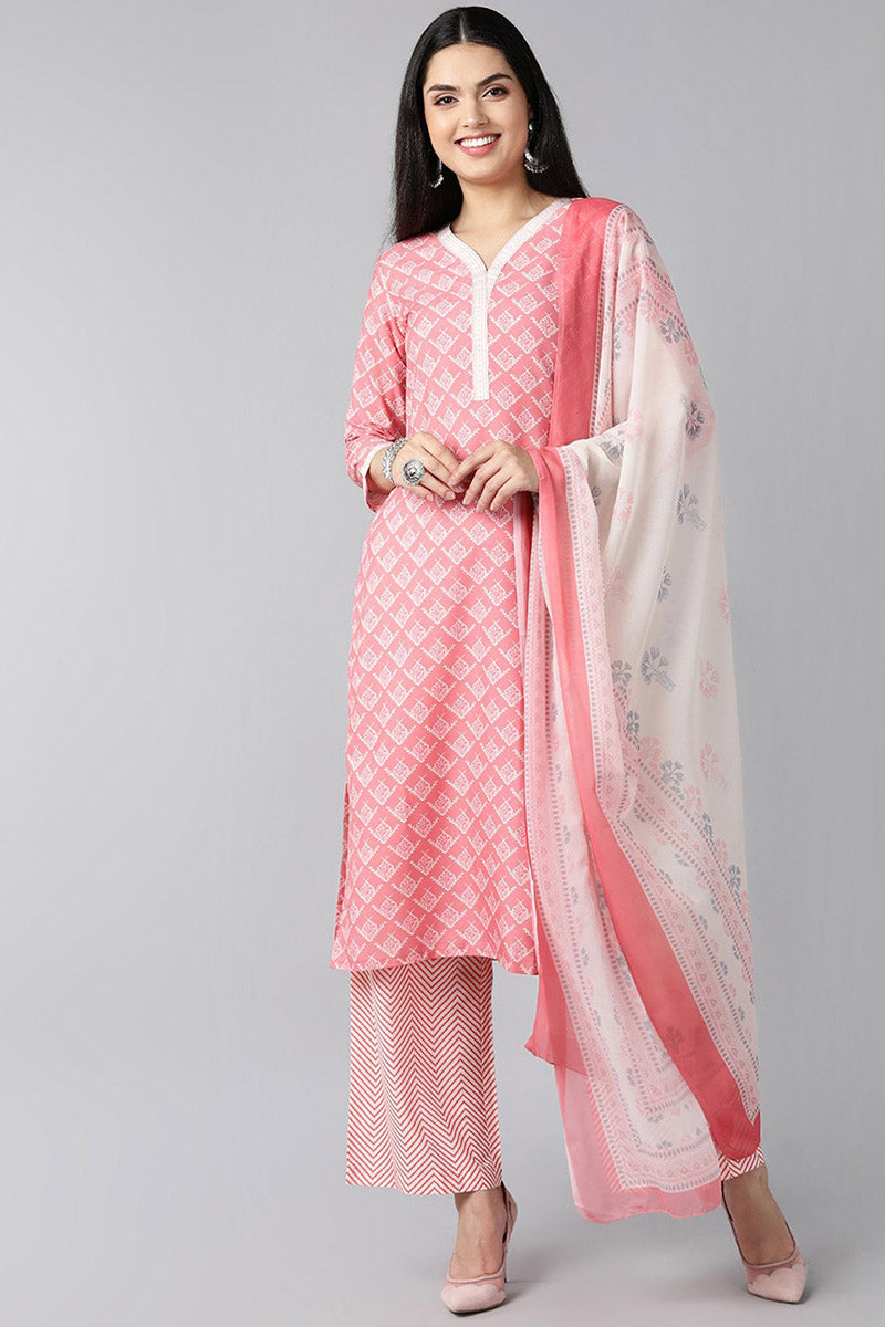 Peach Polyester Ethnic Motifs Straight Suit Set PKSKD1017
