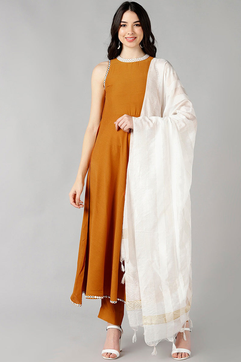 AHIKA Women Mustard Solid Kurta Trousers With Dupatta