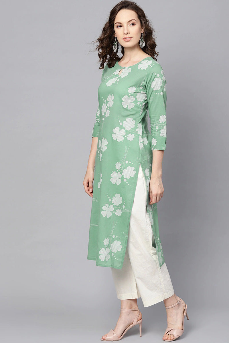 Women Cotton Green Floral Printed Straight Kurta VCK1269G