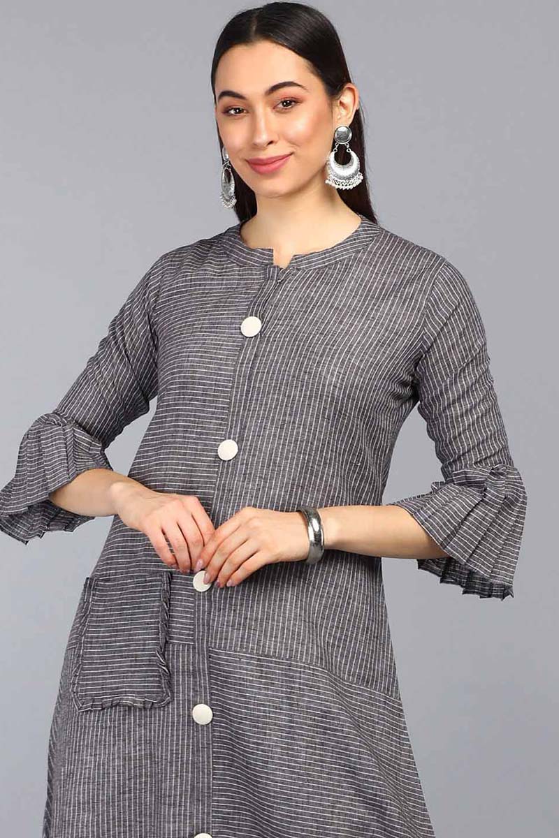 AHIKA Women Charcoal Grey & White Striped A Line Kurta