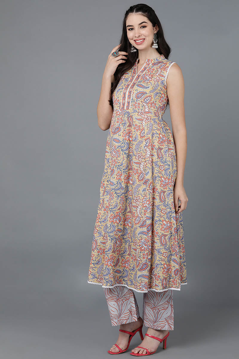 Yellow Cotton Flared Kurta Palazzo With Dupatta VKSKD1461
