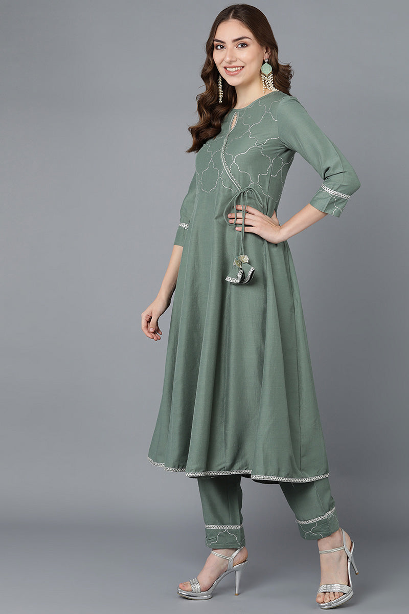 Teal Poly Silk Embroidered Kurta Trousers With Dupatta PKSKD1499