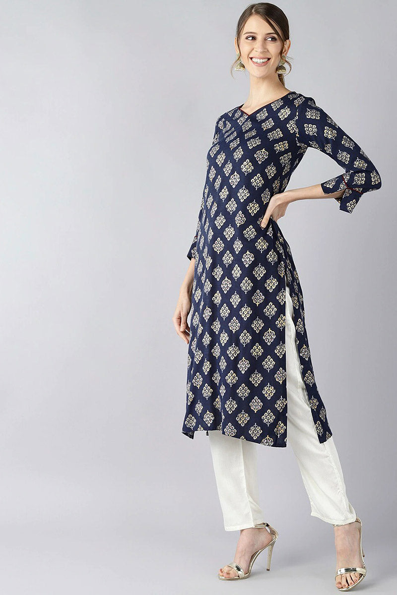 Women Navy Blue And Gold Toned Floral Printed Straight Kurta VCK1712E