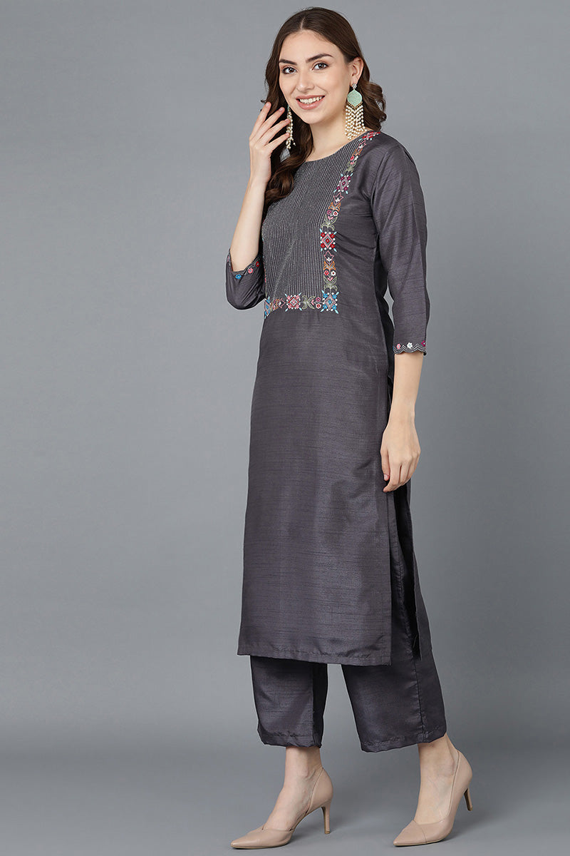 Ahika Women Grey Poly Silk Embroidered Kurta Trousers With Dupatta