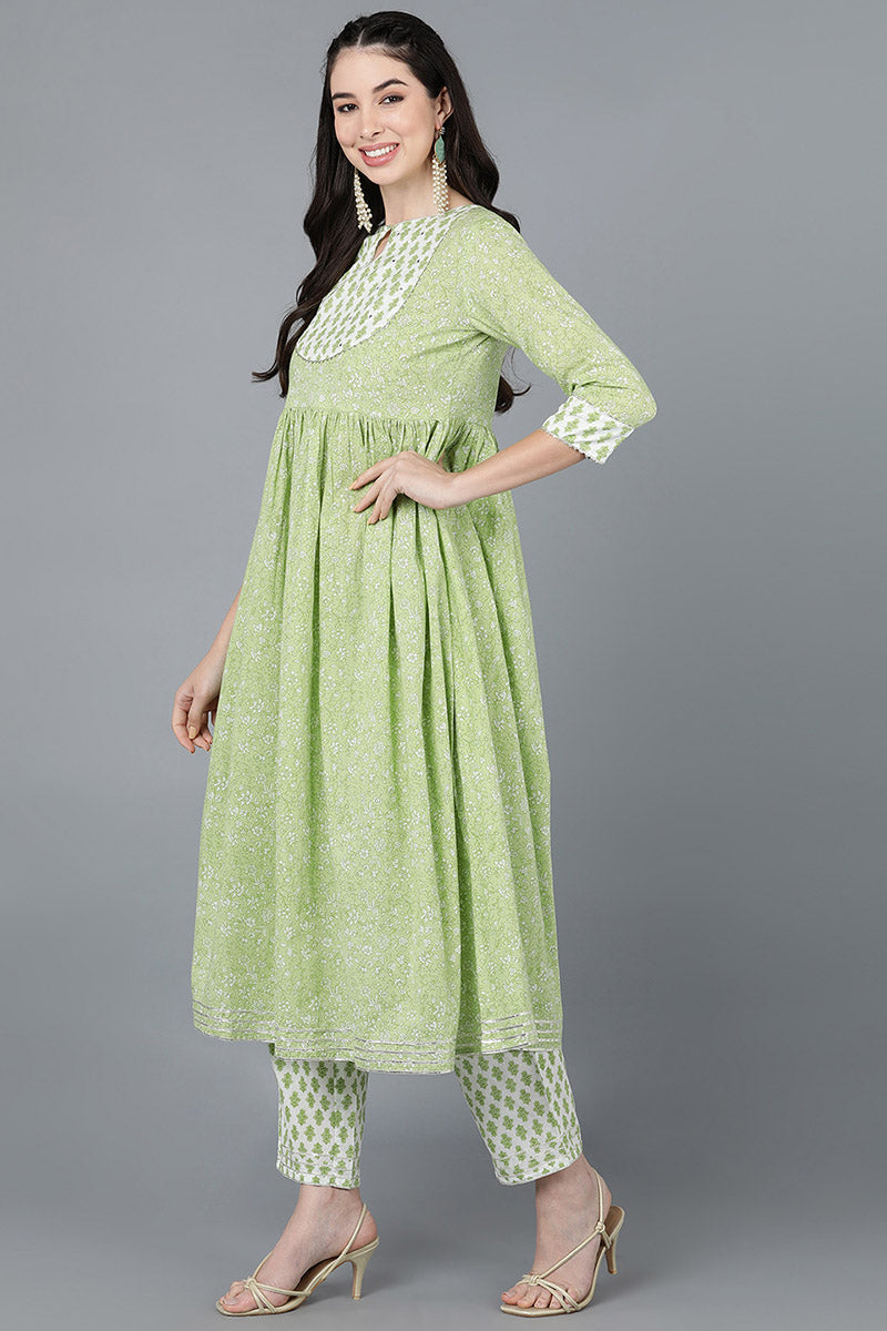 Light Green Cotton Flared Kurta Pant With Dupatta VKSKD1452