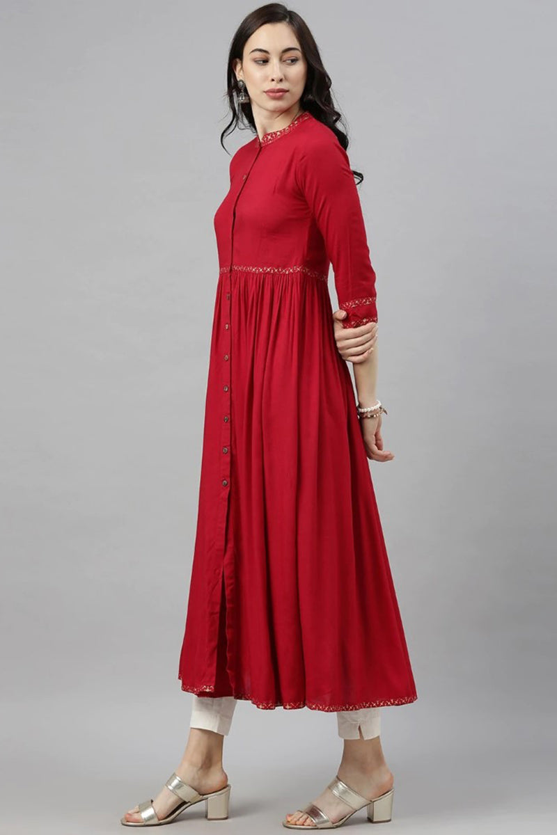 Red Cotton Flared Kurta VCK8167