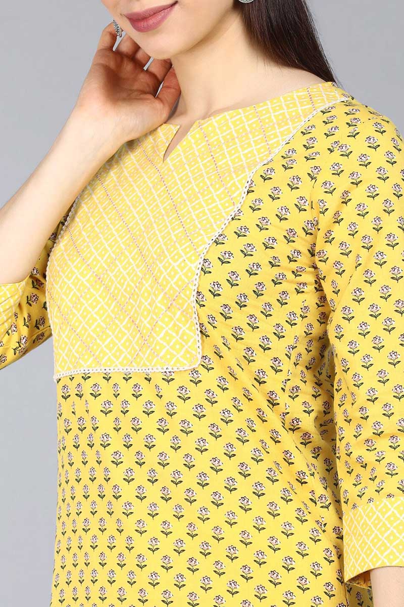 AHIKA Women Yellow Ethnic Motifs Printed Pure Cotton Kurta Set With Dupatta