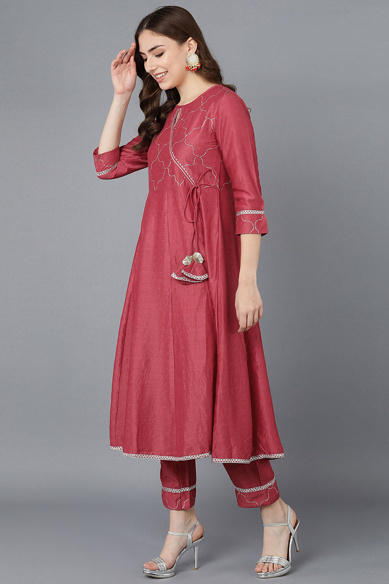 Ahika Women Red Poly Silk Embroidered Kurta Trousers With Dupatta