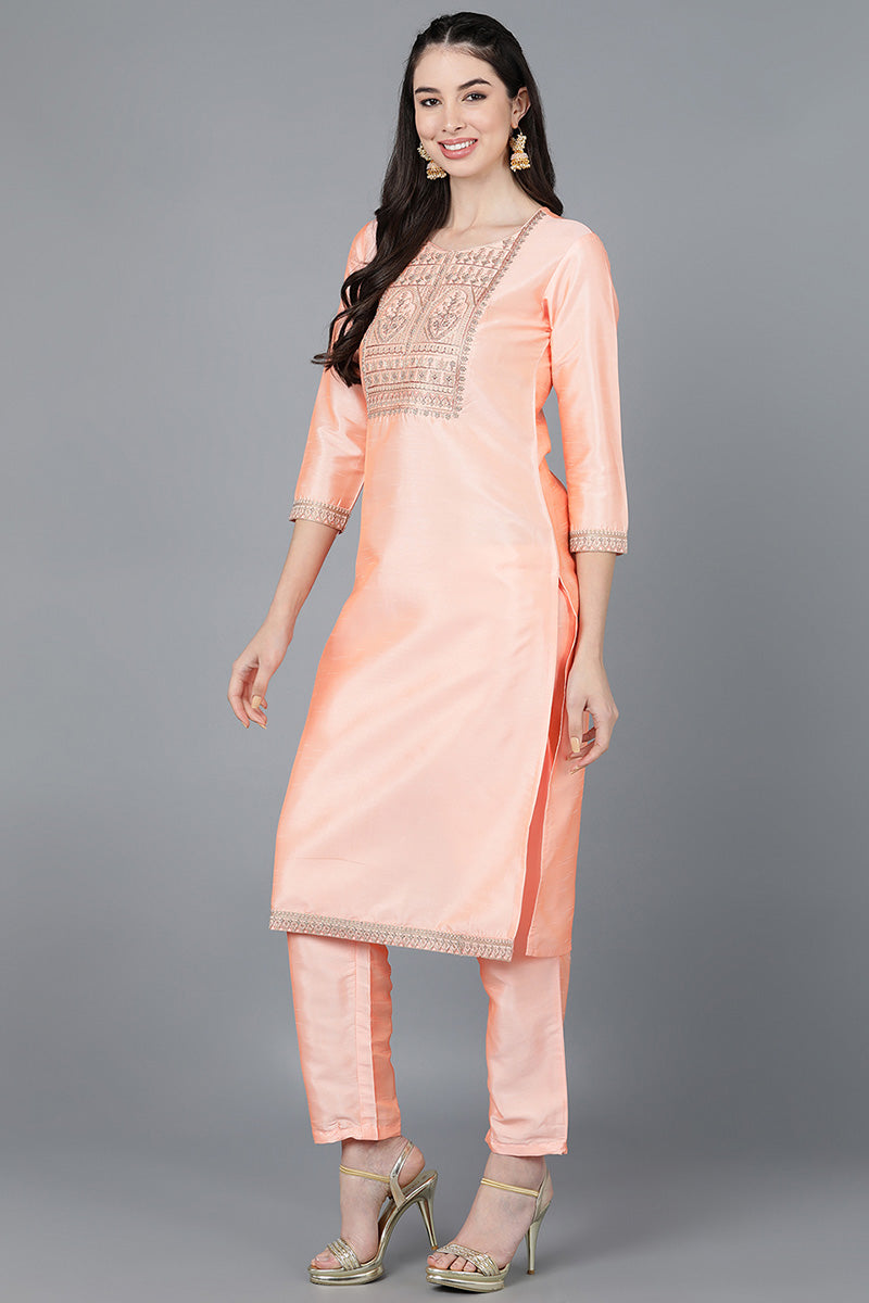 Ahika Women Peach Poly Silk Embroidered Kurta Trousers With Dupatta