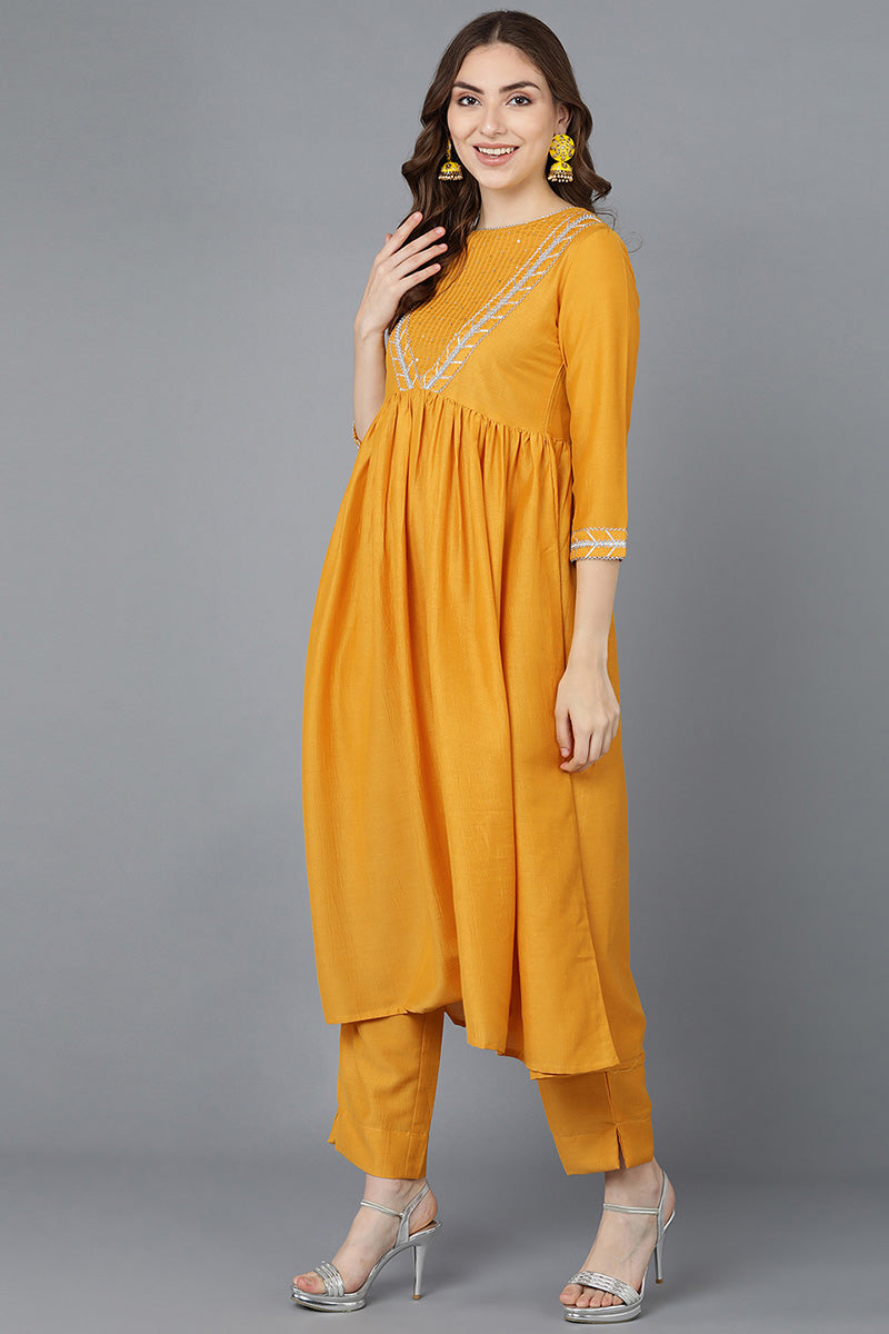 Ahika Women Mustard Poly Silk Embroidered Kurta Trousers With Dupatta