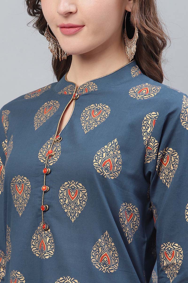 Ahika Women Printed Simple Navy Blue Kurti
