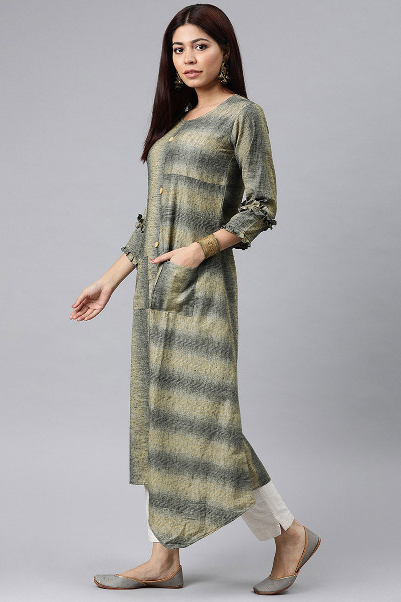 Grey And Beige Striped A Line Panelled Kurta with pockets VCK8125