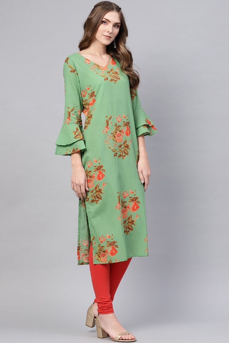 Ahika Women Regular Wear Cotton Fabric Printed Sea Green Color Simple Kurti