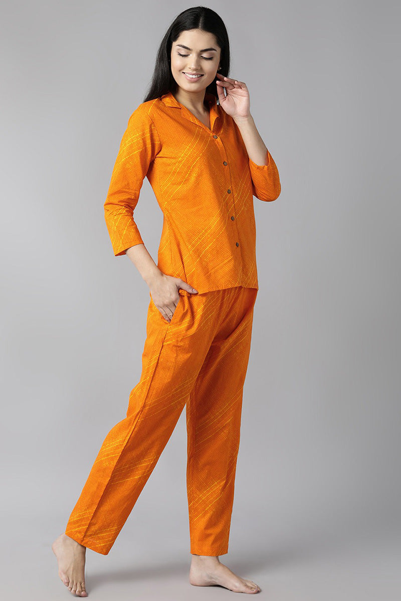 AHIKA Women Orange Yellow Printed Pure Cotton Night Suit