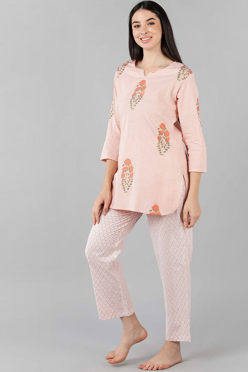 Pink Cotton Striped Night Suit VNWK1054