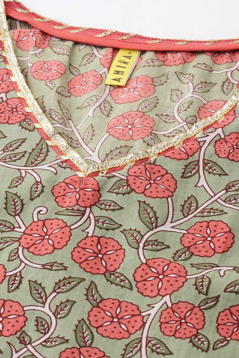 AHIKA Women Green Pink Floral Printed Flared Sleeves Kurta