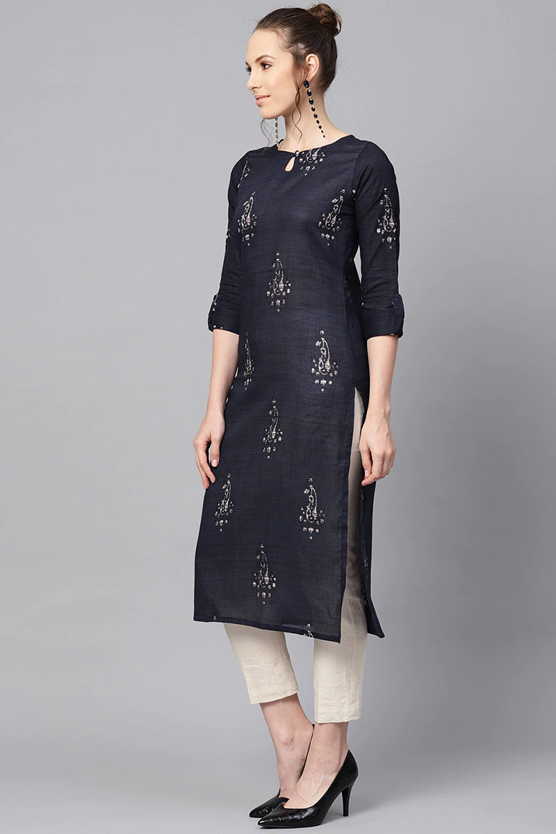 Women Rayon Blend Navy Blue and Off-White color Printed Straight Kurta VCK1251