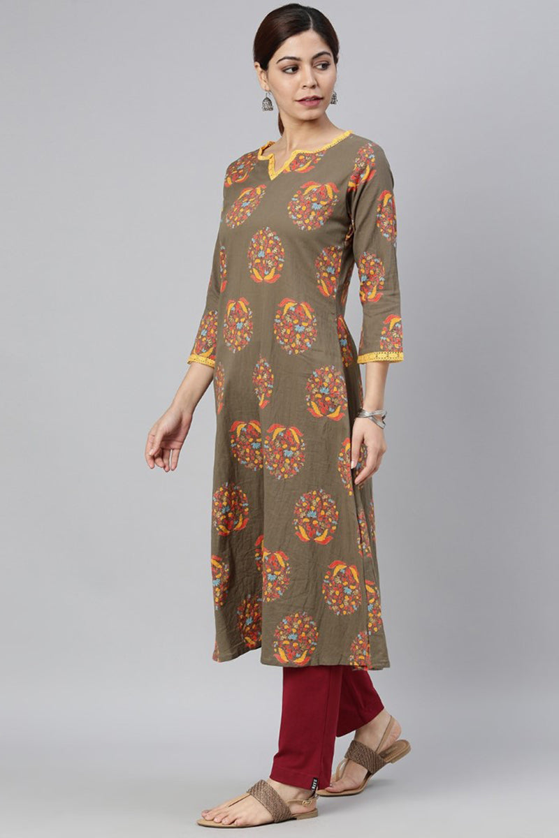 AHIKA Women Taupe Yellow Floral Printed Kurta with Lace Detail