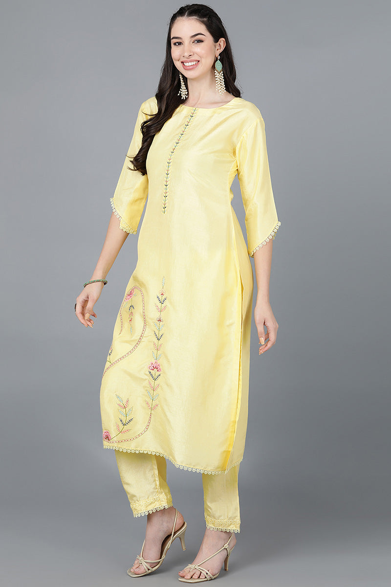 Ahika Women Yellow Poly Silk Embroidered Kurta Trousers With Dupatta
