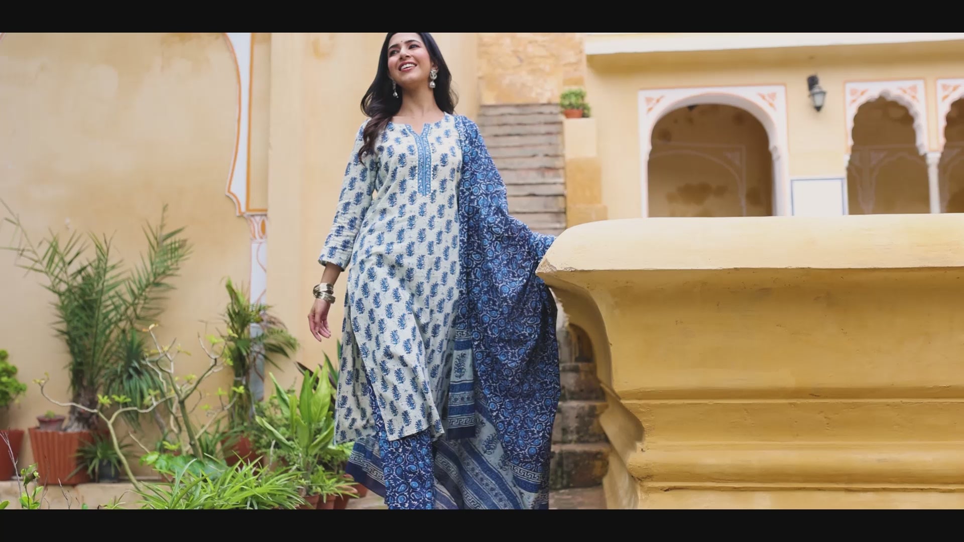 Ahika Women Blue Color Cotton Fabric Printed Fancy Kurta And Palazzo Dupatta Set