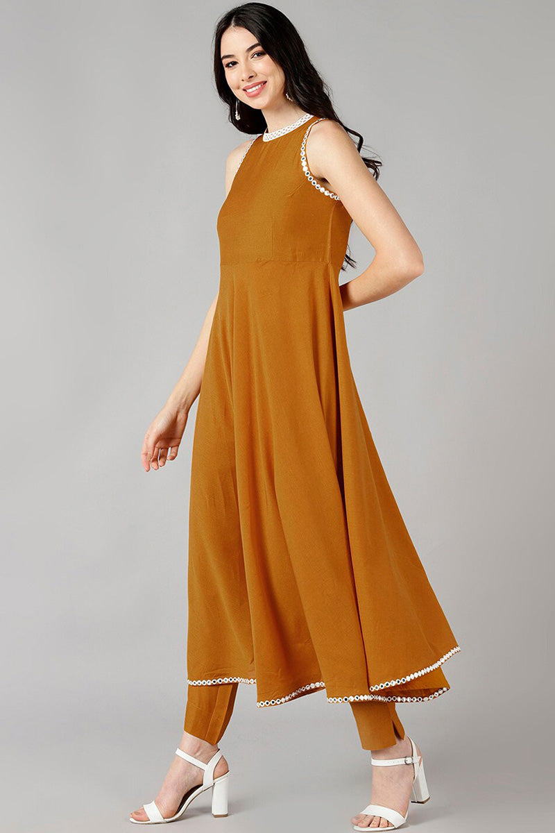 AHIKA Women Mustard Solid Kurta Trousers With Dupatta
