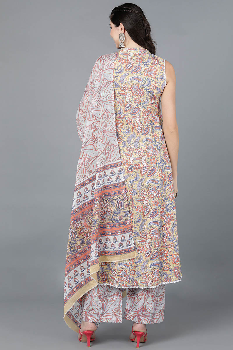 Yellow Cotton Flared Kurta Palazzo With Dupatta VKSKD1461