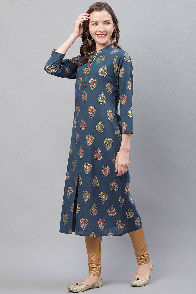 Ahika Women Printed Simple Navy Blue Kurti