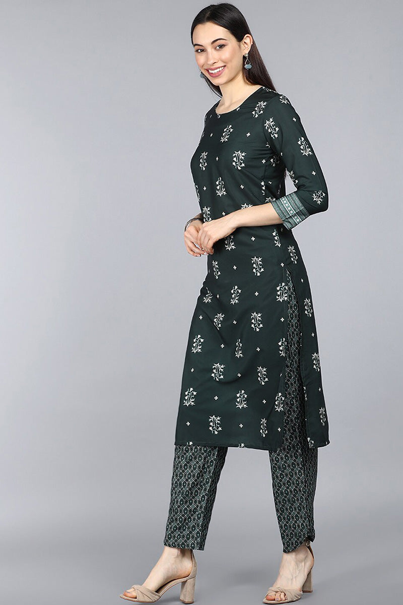 AHIKA Women Green Floral Printed Kurta with Churidar Dupatta