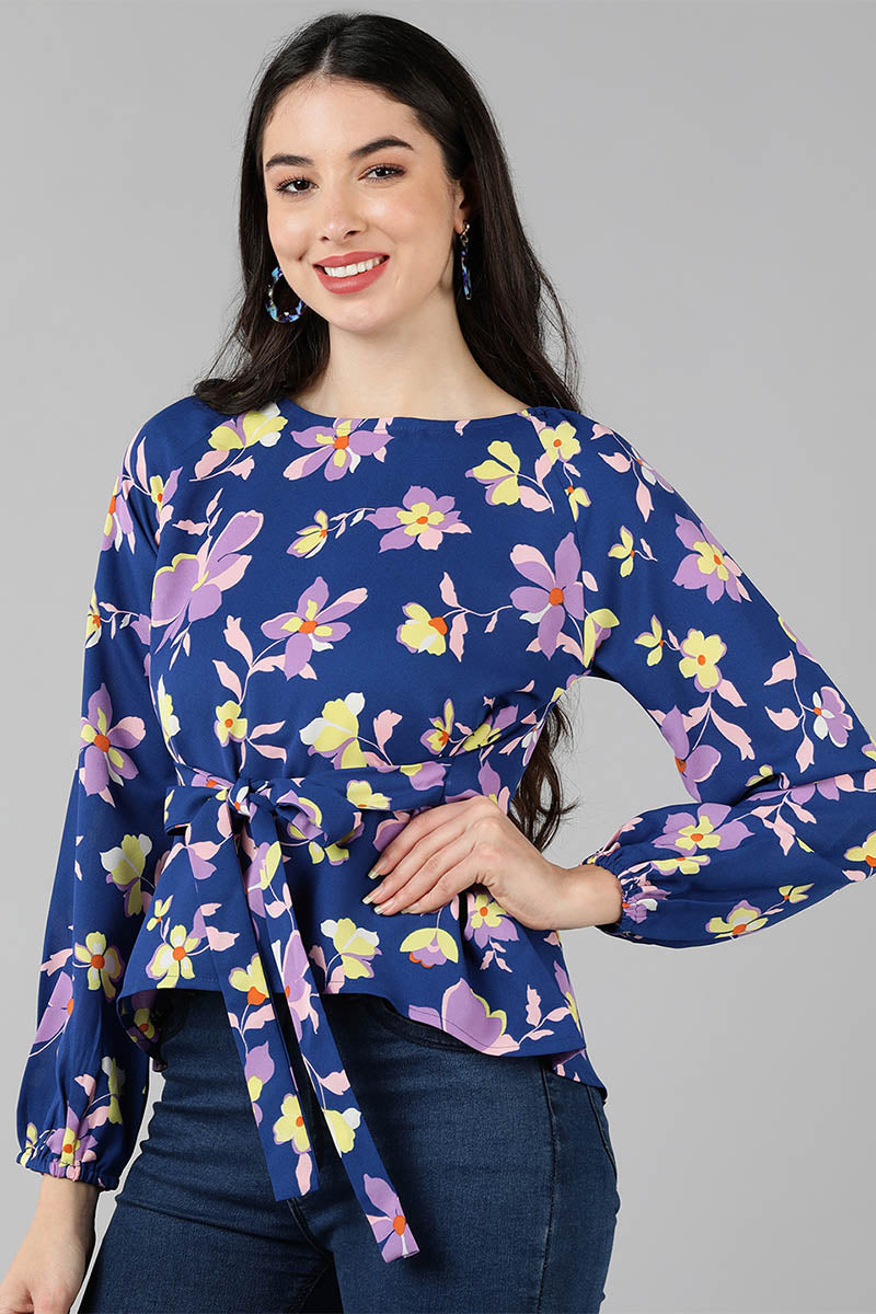 AHIKA Women Navy Blue Printed Floral Tops