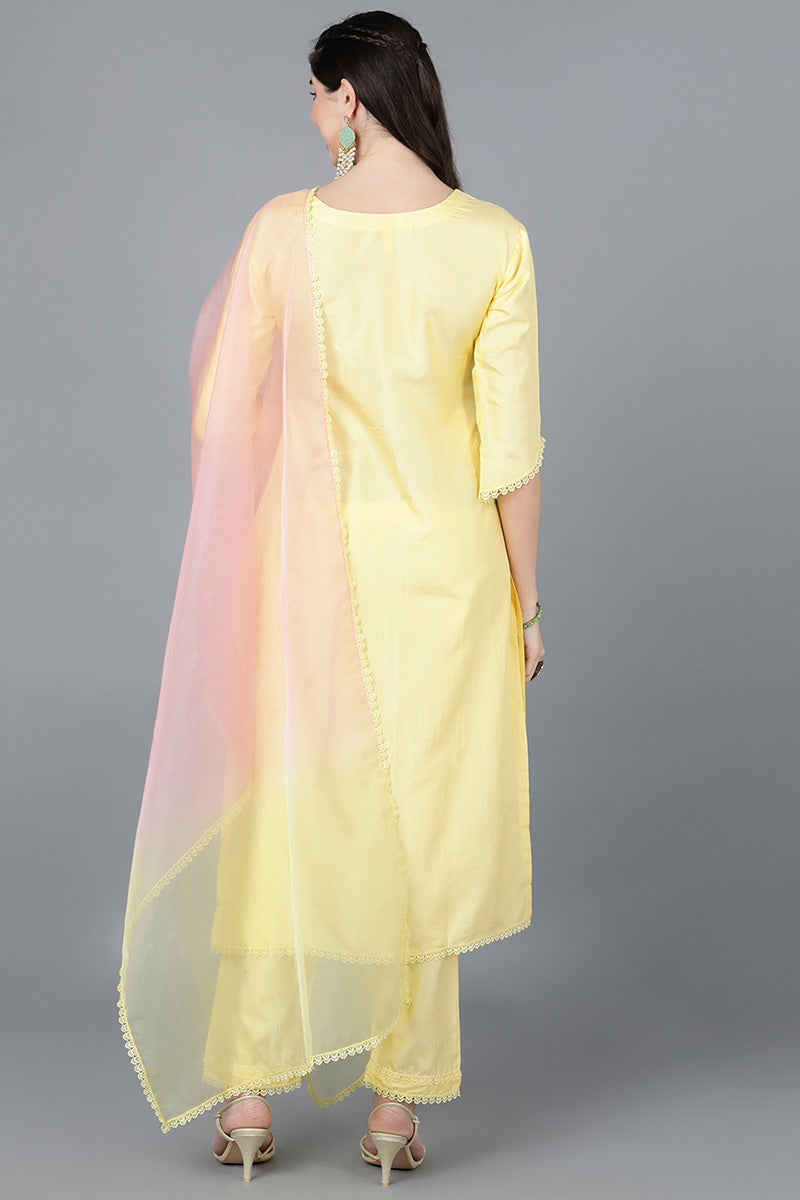 Ahika Women Yellow Poly Silk Embroidered Kurta Trousers With Dupatta