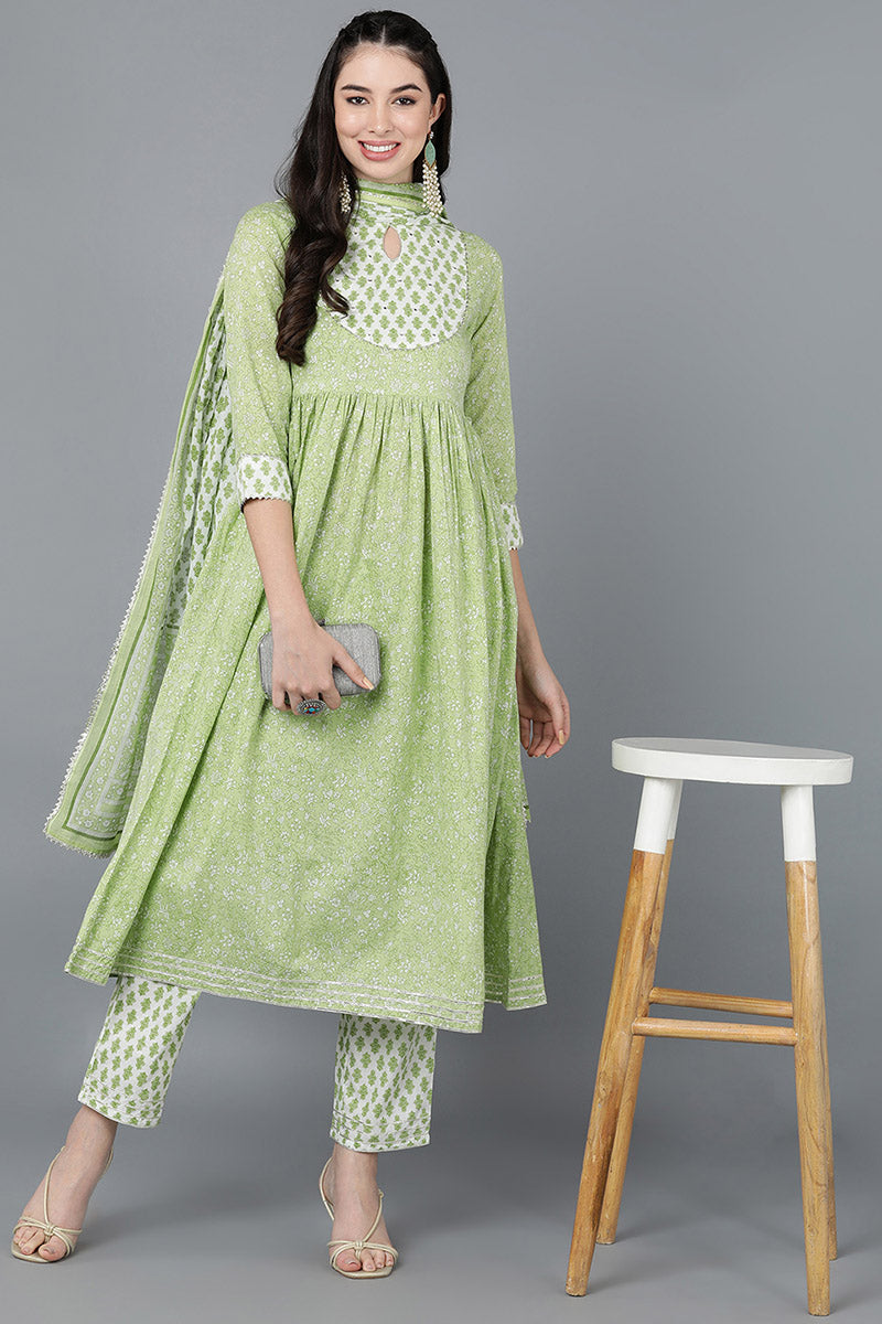 Light Green Cotton Flared Kurta Pant With Dupatta VKSKD1452