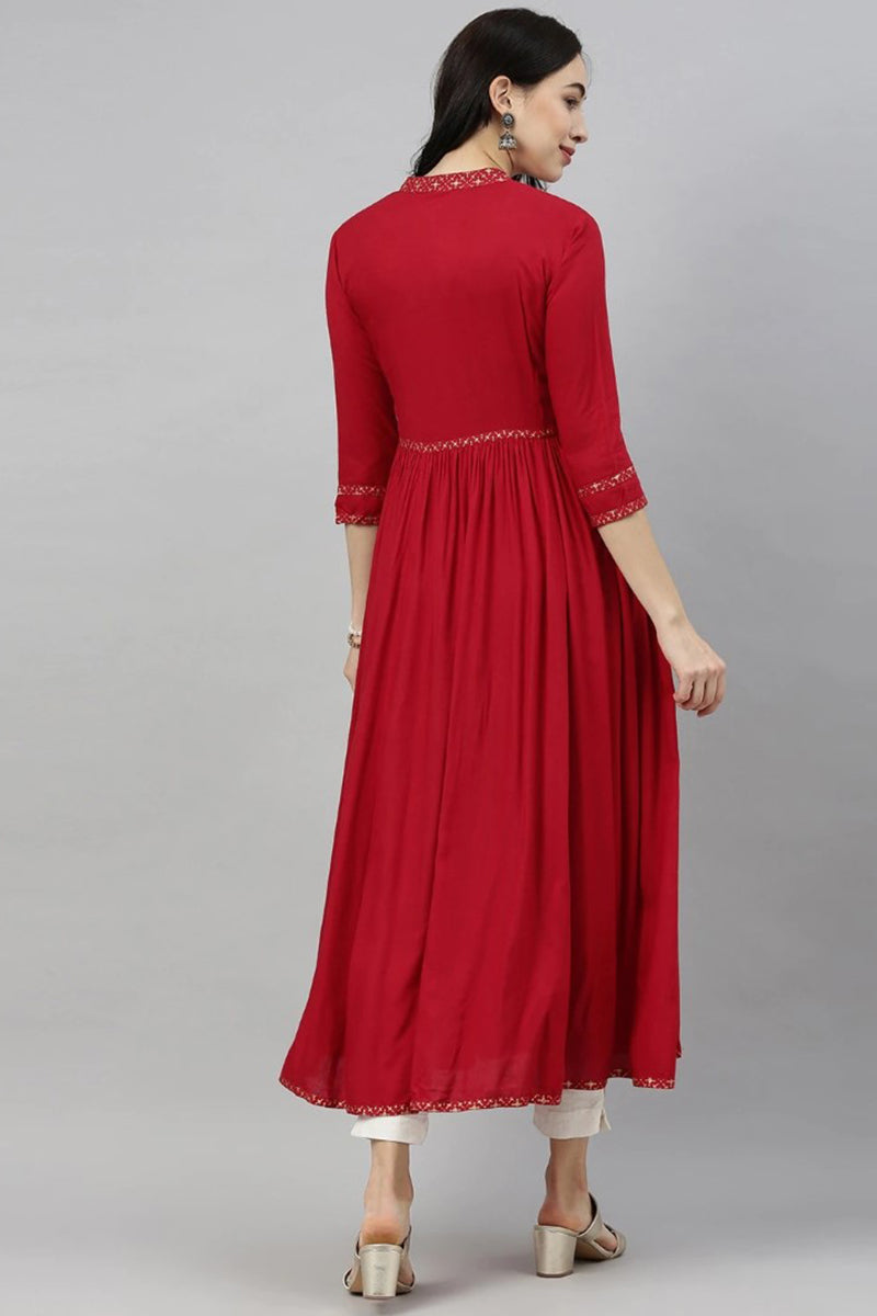 Red Cotton Flared Kurta VCK8167