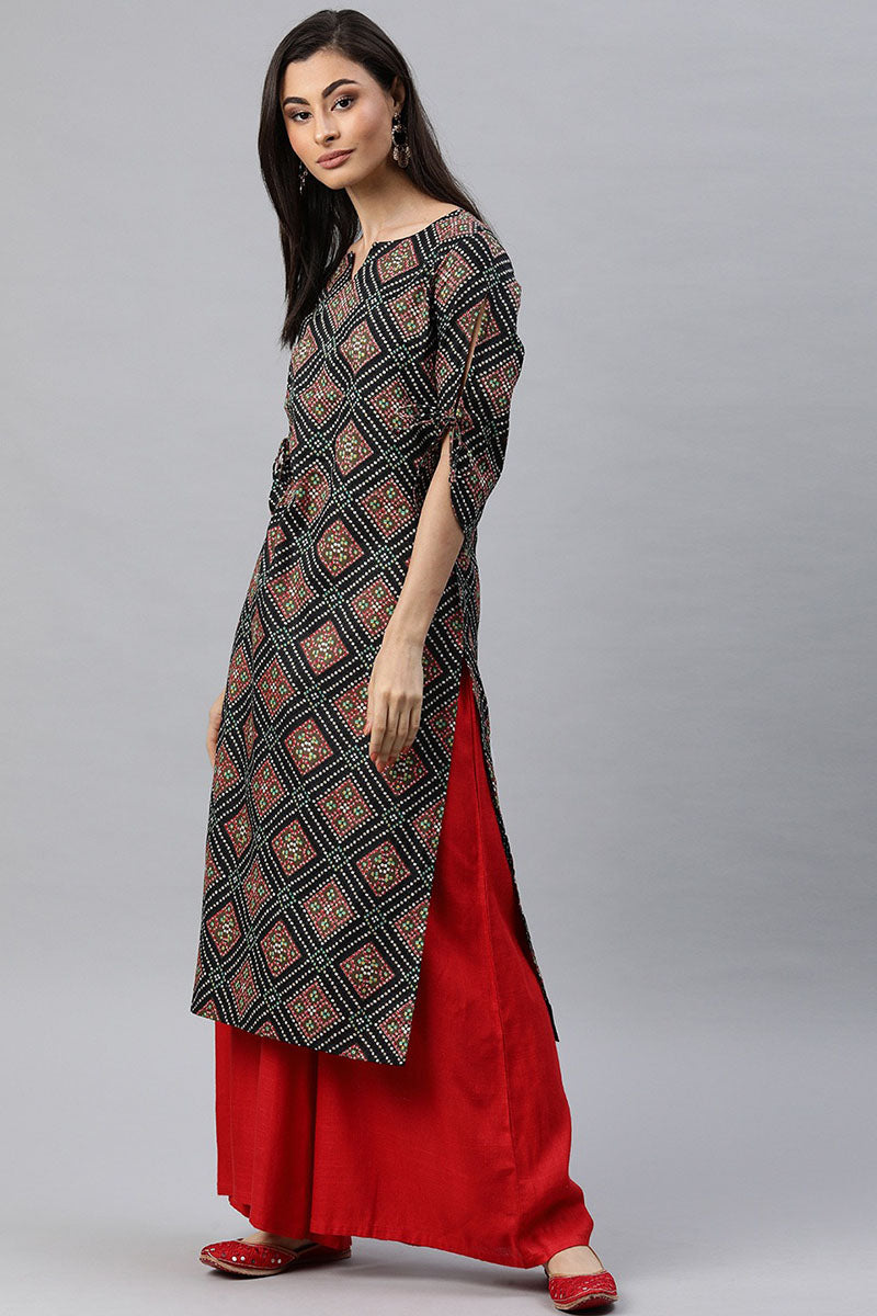 Ahika Women Black And Brown Bandhani Printed Straight Kurta