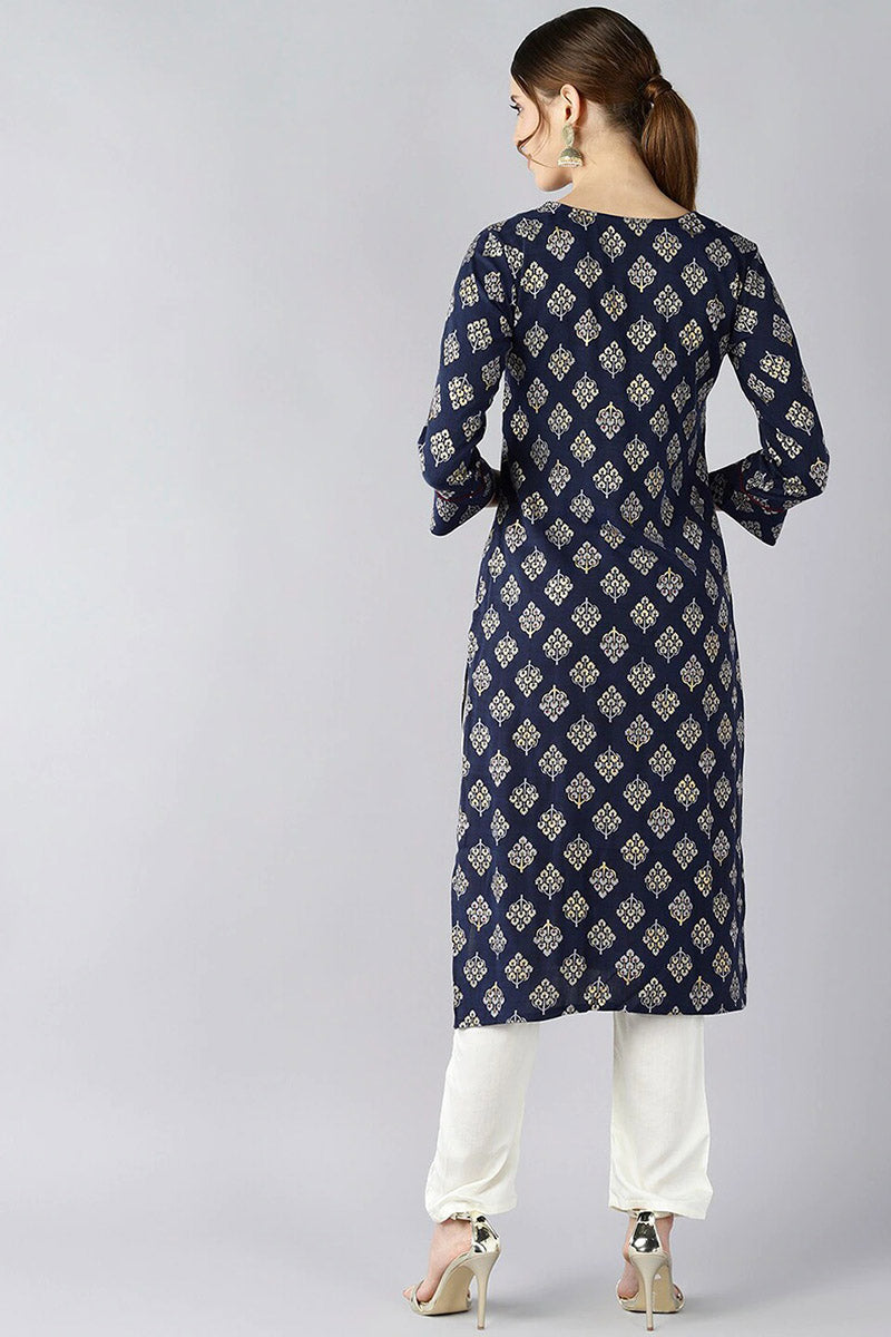 Women Navy Blue And Gold Toned Floral Printed Straight Kurta VCK1712E