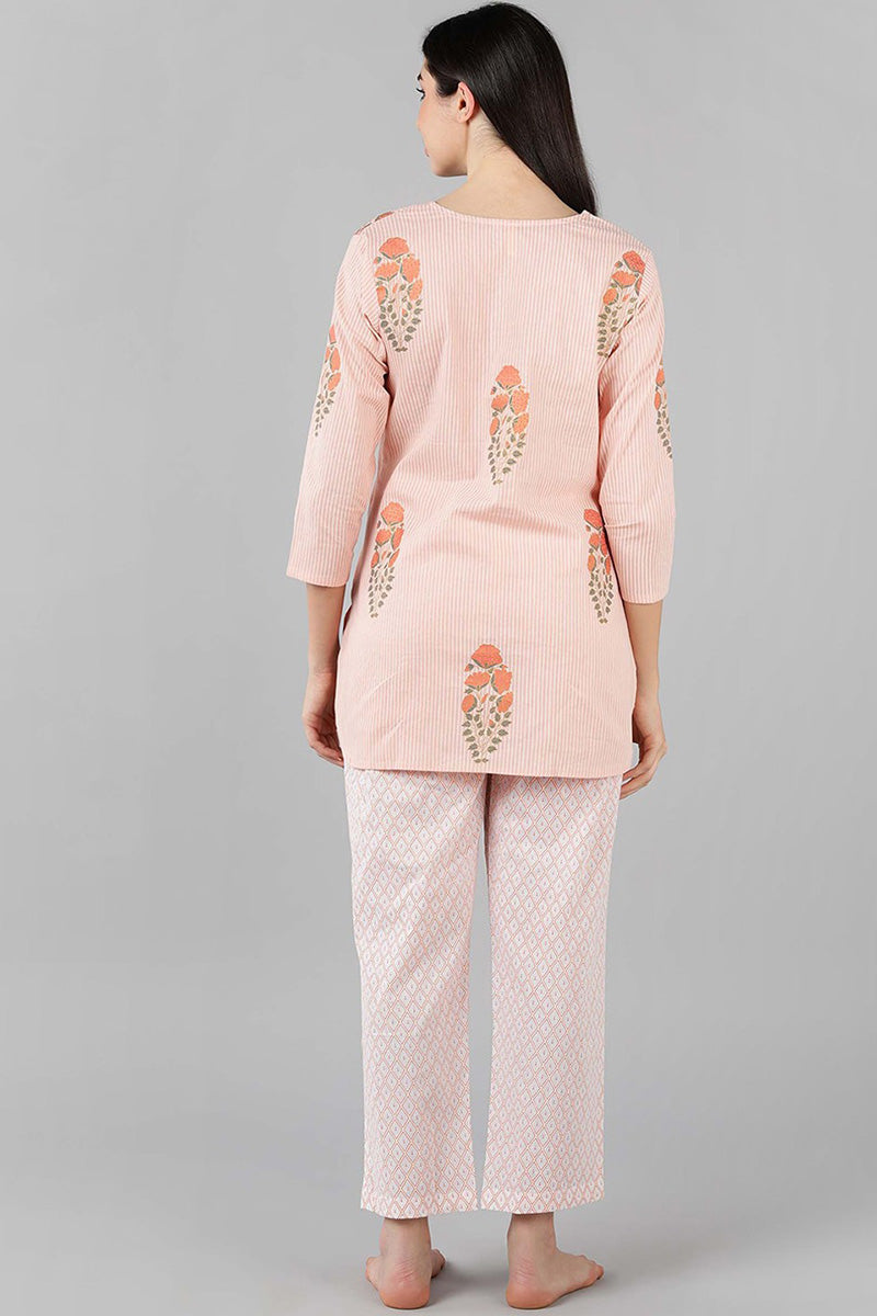 Pink Cotton Striped Night Suit VNWK1054