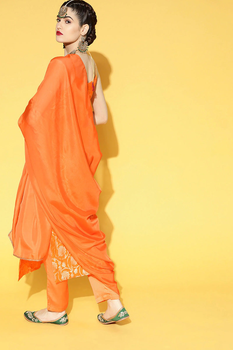 AHIKA Women Orange Floral Woven Design Pure Cotton Kurta with Trousers With Dupatta Set