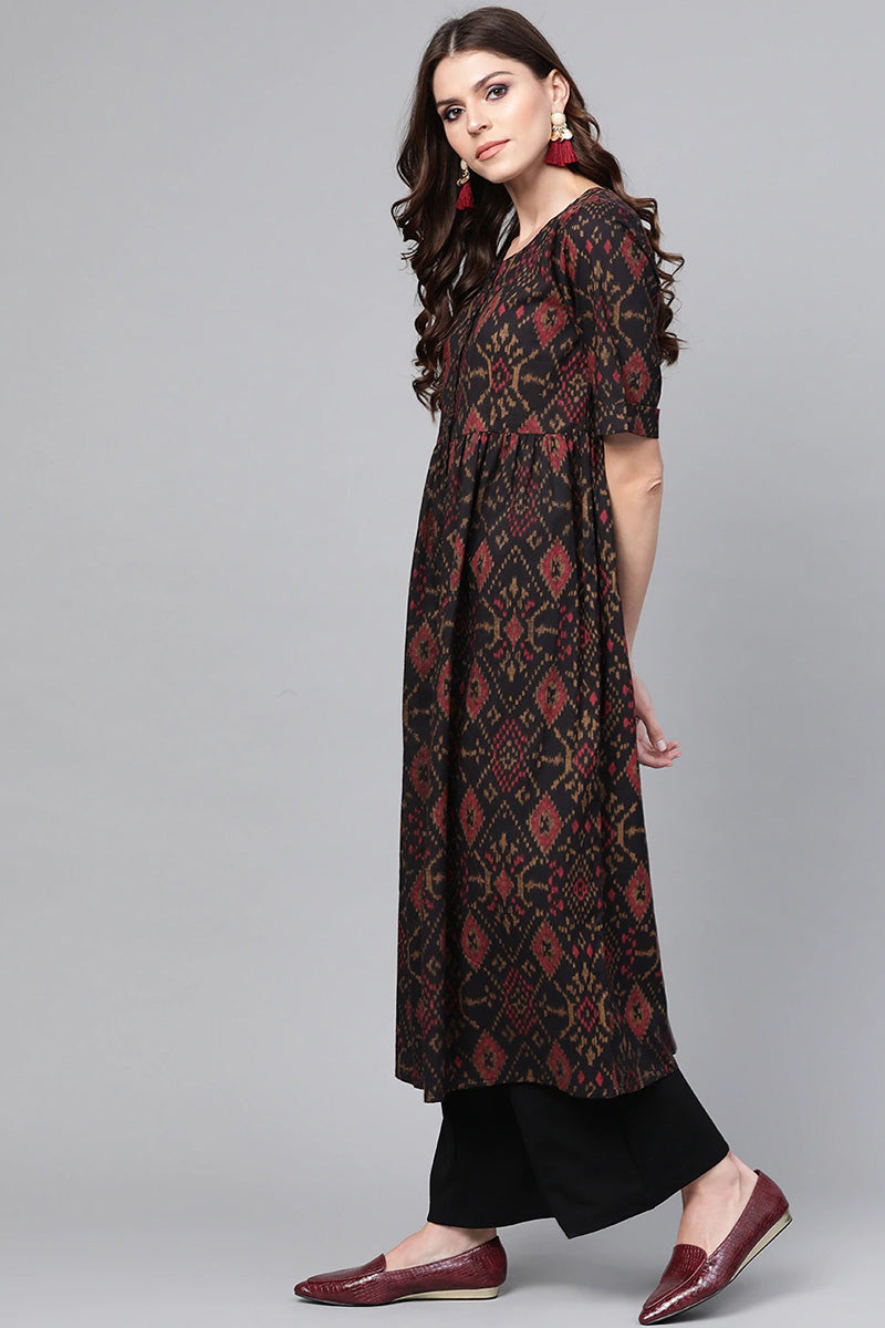 Black & Maroon Color Rayon Blend fabric Printed A-Line Kurta VCK1371