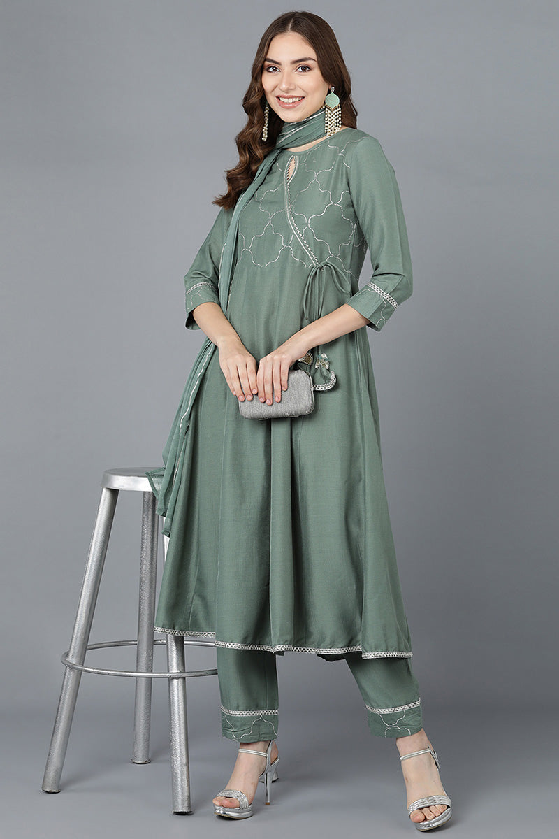 Teal Poly Silk Embroidered Kurta Trousers With Dupatta PKSKD1499