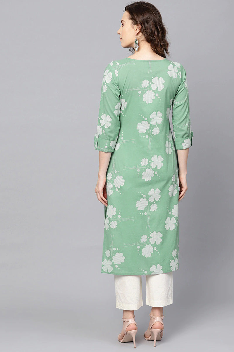 Women Cotton Green Floral Printed Straight Kurta VCK1269G